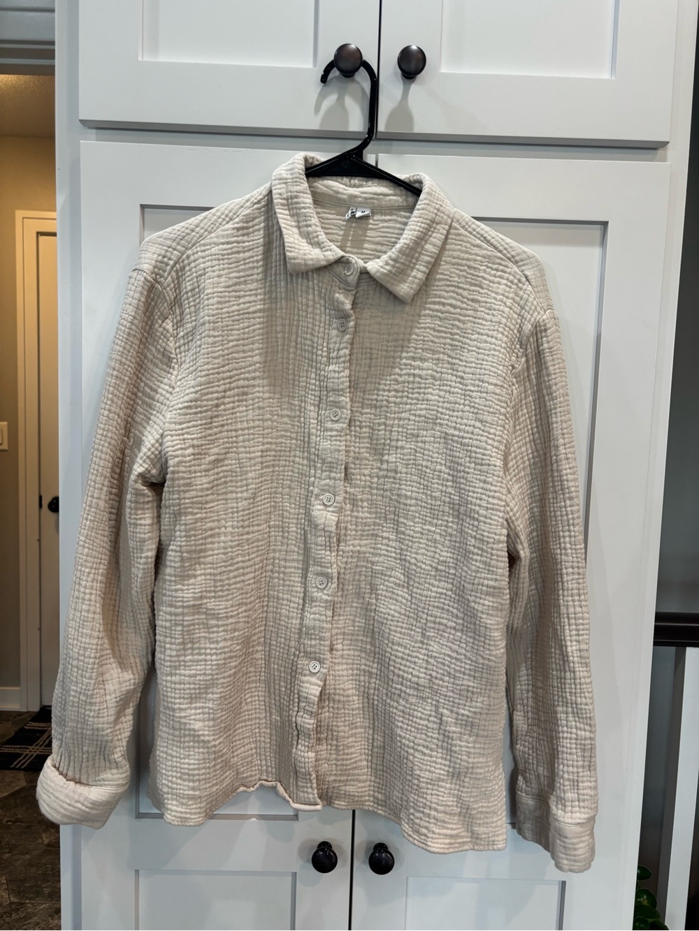 Nordstrom Women Cotton Cream Textured Crinkle Button-Up Shirt Size M - Picture 2 of 7